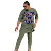 Men's Tracksuits Nigerian Style Military Green Printing Groom Suit Patchwork 3/4Sleeve Shirt Solid Pant African Wedding Party Outfits