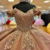 Gül altın seksi v yaka quinceanera elbiseler balo aplikler dantel kolu kapalı omuz aplike tatlı vestidos de 15 quinceanera