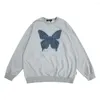 Męskie bluzy z bluzy jeansu motyl na bluza okrągła szyi jesienna zimowa pullover płaszcz streetwear streetwear hop za dużą odzież wierzchnią wierzchnią wierzchnią