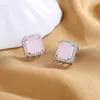 Stud Oorbellen Mode S925 Sterling Zilver Fijn 14MM Vierkante Zirkoon Roze Voor Vrouwen Charm Engagement Gift Sieraden