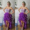 Party Dresses Custom Purple High Low Prom 2023 Crystal Sweetheart Beading Organza Pageant A Line Rygglös kvalitetsklänning
