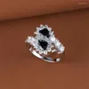 Wedding Rings Double Water Drop Black Stone Stagger For Women Silver Color White Zircon Bands Vintage Cocktail Ring Jewelry Gift