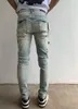 Jeans masculino design de moda de rua masculina com buraco tinta azul fino elástico rasgado dobrado remendado calça jeans hip hop