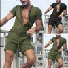 Agasalhos masculinos de verão, cor sólida, calças de manga curta, botão elegante, macacões masculinos