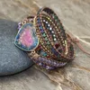Pulseira de couro trançada com pedras preciosas multicoloridas, contas de cristal naturais trançadas, arte para presente