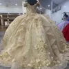 Champagne glänsande quinceanera klänningar bollklänning pärlspets 3dflower off axel söt 16 klädfest klänning vestidos de 15 anos