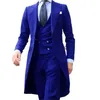 Ternos masculinos azul real casaco de cauda longa 3 peças cavalheiro homem moda masculina smoking para casamento baile de formatura colete com calças