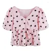 Blusas Femininas WDMSNA Chiffon Camisa Feminina Verão Sweet Love Estampada Manga Puff Boneca Francesa Vintage Manga Curta Top Blusa Feminina