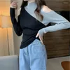 Vrouwen Truien Sexy Half Hoge Kraag Schouder Uit Trui Lange Mouw Zwart Patchwork Slanke Femme Trui Gebreide Geribbelde Jersey Vrouwen Top