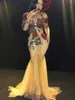 Bühnenkleidung Strass Mesh Gaze Schleppkleider Rosenmuster Druck bodenlanges Kleid Glänzendes Kostüm Frauen Nachtclub Tanzshow