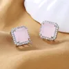 Stud Oorbellen Mode S925 Sterling Zilver Fijn 14MM Vierkante Zirkoon Roze Voor Vrouwen Charm Engagement Gift Sieraden