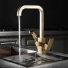 Brushed Gold Brass Kitchen Faucets Hot and cold water Rotation Kitchen Faucets With Pull Spray Gun