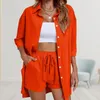 Survêtements femme coton lin ensemble survêtement décontracté boutonné manches 3/4 chemise cordon Shorts poches 2 pièces salon 2023