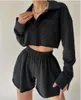 Survêtements pour femmes Zabrina Womens Casual Kaki 2 Piece Outfit Set Long Sleeve Crop Tops With Pocket And Shorts 2023 Streetwear Chic Outfits