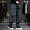 Mäns jeans Multi-Pocket Baggy Jeans Mens Streetwear Cargo Denim Pants Straight Jean Trousers Plus Size 40 42 44 J230806