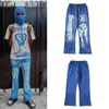 Y2k New Hellstar Blue Retro Mud Print Distressed Sports Casual Pants High Street Bell-Bottoms pour hommes et femmes T230806