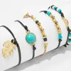 Bracelets porte-bonheur bohème perles colorées ensemble pour femmes pierre bleue métal feuilles réglable corde Bracelet bijoux de mode 5 pièces/ensemble