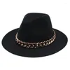 Berets Elegant Women Fedora Hats With Thick Gold Chain Band British Fashion Wide Brim Men Felt Hat Jazz Trilby Metal