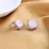 Stud Earrings Fashion S925 Sterling Silver Fine 14MM Square Zircon Pink For Women Charm Engagement Gift Jewelry