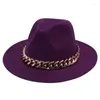 Berets Elegant Women Fedora Hats With Thick Gold Chain Band British Fashion Wide Brim Men Felt Hat Jazz Trilby Metal