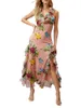 Robes Décontractées Femmes Vintage Floral Print Boho Halter Dress Avec Ourlet À Volants Et Split Long Bodycon Fit - Tenue D'été Parfaite