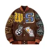 Heren Jassen Borduren Varsity Jacket Mannen Vrouwen Brief Winter Amerikaanse Baseball Hip Hop Wollen Jas Dikke Warme Uitloper Parka Bruin 230804