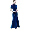 Etnische Kleding Herfst Fluwelen Chesongam Traditionele Chines Jurken Vrouwen Borduren Bloem Qipao Sexy Split Vestidos Prestaties Party Gown