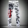 Men's Jeans High Elastic Slim American Flag Printed Streetwear Casual Pants Male Fashion Hip Hop Straight Denim Trousers