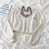 Damen Hoodies Sweatshirts Koreanische Mode Frauen Gefälschte Zwei Stücke Trägerloses Crop Top Adrette Harajuku Swearshirt Lose Lässige Pullover Blusen 230804