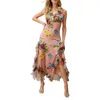 Robes Décontractées Femmes Vintage Floral Print Boho Halter Dress Avec Ourlet À Volants - Élégant Split Long Bodycon Pour Tenue D'été