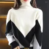 Maglioni da donna Maglione di lana Pullover collo alto in cashmere Moda coreana Giacca sottopelo a contrasto di colore sciolto