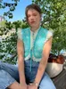 Damenwesten Retro Bedruckte Baumwolle Gepolsterte Wendeweste Frauen Elegantes Rüschen-Patchwork-Top 2023 Flying Sleeve Lace Up Cropped Cardigan