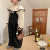 Zestawy odzieży Spring Autumn Fashion Girls Stroje z długim rękawem Lotus Liść Bluzki i bawełniane czarne luźne kombinezony 2PCS