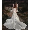 Fairy Flare Illusion Long Sleeves Mermaid Wedding Dresses Sexy V Neck Floral Lace Bohemian Rustic Country Bridal Gowns Open Back
