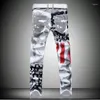 Men's Jeans High Elastic Slim American Flag Printed Streetwear Casual Pants Male Fashion Hip Hop Straight Denim Trousers