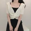 Pulls pour femmes Blouses pour femmes solide coréen printemps/été col en v devant et dos avec deux boutons ouverts Design à la mode court haut en tricot