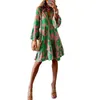 Casual Dresses Women Tunic Dress Flowers Printing Long Sleeve Loose V Neck Button Up Pleated Knee Length Linen Wrap