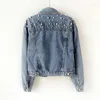 Kvinnors jackor 2023 Vintage Pearl Beading Short Denim Women Blue Wash Long Sleeve Casual Jean Jacket Bomber Plus Size Coat