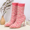 Stövlar av hög kvalitet Bekväma stickade elastiska tyg Ankle Socks Boots Women's Fashion Pointy Pink High-Heeled Women's Shoes 230804