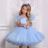 Girl's Dresses 410T Kids Girls Elegant Dress for Evening Party Little Girl Dots Tulle Princess Gown Children Clothing Blue Wedding Vestidos x0806