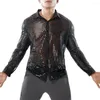 Men's Dress Shirts Mens Sparkly Sequins Party Dance Retro 70s Disco Nightclub Shirt Tops Casual Slim Fit Shiny See Through Prom