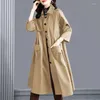 Damen-Trenchmäntel, koreanischer Mantel für Frauen, Frühling und Herbst, langer, lockerer Mantel, lässiger Turndown-Kragen, einreihiger Windjacke mit großer Tasche