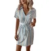 Casual Dresses Summer Sexy Dress Stripes Short Sleeves Of Shoulder Vacation Beach T Shirt Turn Down Collar Women'S Clothing