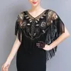 Scarves 1920s Sequined Shawl Tassels Beaded Faux Pearl Fringe Sheer Mesh Wrap Cape Cover Up V Neck See-through Women