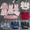 Women's Sleepwear Ladies Satin Pajamas Set 5 Piece Silk Like Lace Paneled Sexy Woman Womens Cute Book Lover Nightshirt