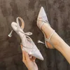 Sandaler bling Crystal High Heels Sandaler för kvinnor Summer Point Toe Rhinestones Thin Heel Pumpar Woman Sexig Traret Mesh Party Shoes J230806