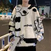 Men's Hoodies Oversize Sweatshirt Cartoon Cow Print Lamb Hair O-Neck Long Sleeve Man Sweatshirts Korean Fashion Hip Hop Clothes Streetwear