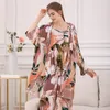 Kvinnors sömnkläder 3 datorer Kvinnor Pyjamas Set Viscose Floral Printed Female Pyjama Loose Elegant Fresh Leave Nightwear Spring Summer Robe Pijama