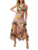 カジュアルドレスの女性Sビンテージフローラルプリント自由hoh弾ホルタードレスフリル裾とスプリットロングボディコンフィット - 完璧な夏の衣装