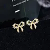 Saplama Küpe Katı 14K Altın Kesim Elmas Jewellry Küpe Kadınlar için Aretes de Plata Ley 925 Mujer Bowknot Party Kızlar Kutusu